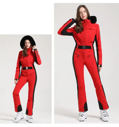 Combinaison de ski une pièce pour femmes, combinaison, ensemble de vêtements, épais, thermique, imperméable, coupe-vent avec ceinture, sport de plein air