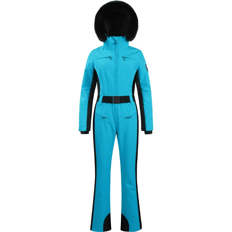 Combinaison de ski une pièce pour femmes, combinaison, ensemble de vêtements, épais, thermique, imperméable, coupe-vent avec ceinture, sport de plein air