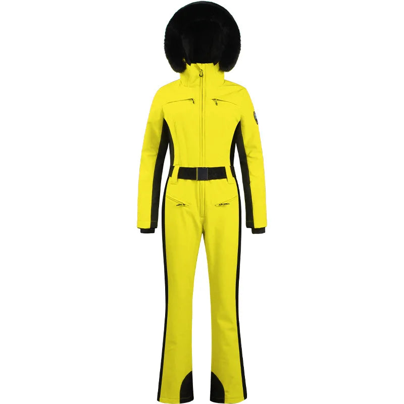 Combinaison de ski une pièce pour femmes, combinaison, ensemble de vêtements, épais, thermique, imperméable, coupe-vent avec ceinture, sport de plein air