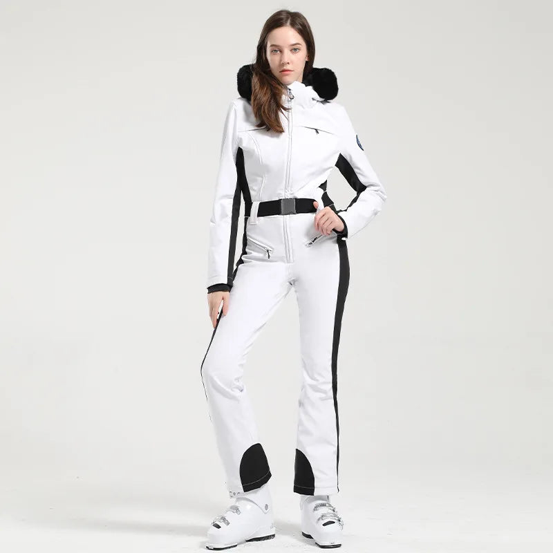 Combinaison de ski une pièce pour femmes, combinaison, ensemble de vêtements, épais, thermique, imperméable, coupe-vent avec ceinture, sport de plein air
