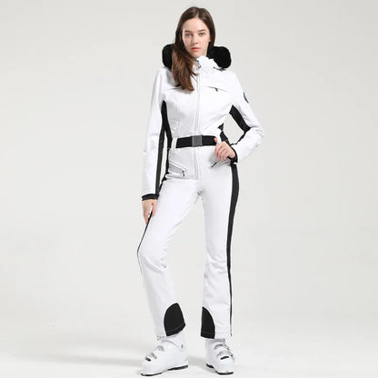 Combinaison de ski une pièce pour femmes, combinaison, ensemble de vêtements, épais, thermique, imperméable, coupe-vent avec ceinture, sport de plein air