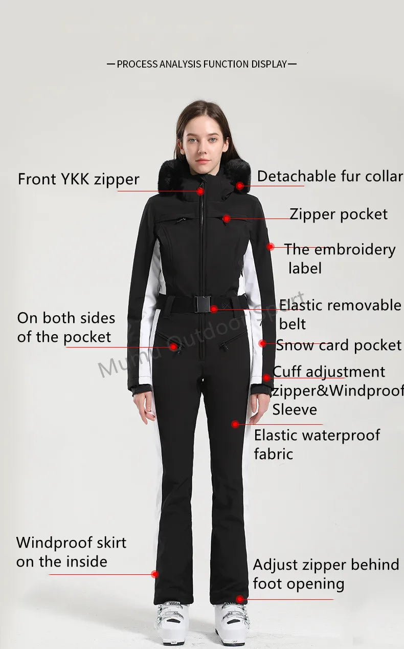 Combinaison de ski une pièce pour femmes, combinaison, ensemble de vêtements, épais, thermique, imperméable, coupe-vent avec ceinture, sport de plein air