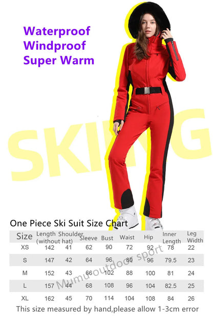 Combinaison de ski une pièce pour femmes, combinaison, ensemble de vêtements, épais, thermique, imperméable, coupe-vent avec ceinture, sport de plein air