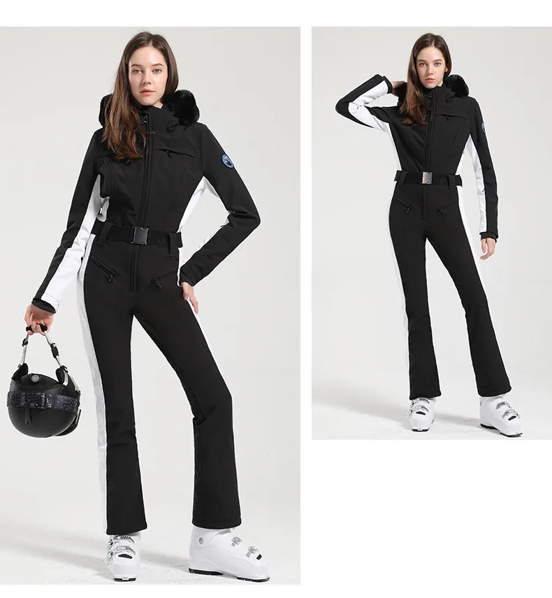 Combinaison de ski une pièce pour femmes, combinaison, ensemble de vêtements, épais, thermique, imperméable, coupe-vent avec ceinture, sport de plein air