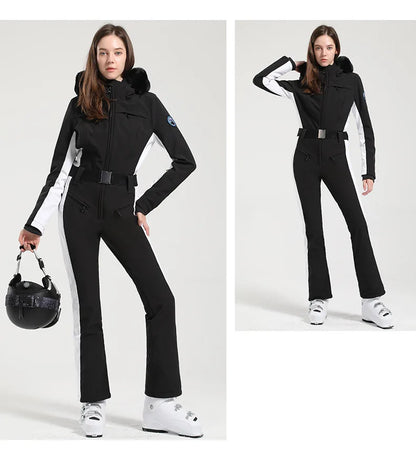 Combinaison de ski une pièce pour femmes, combinaison, ensemble de vêtements, épais, thermique, imperméable, coupe-vent avec ceinture, sport de plein air