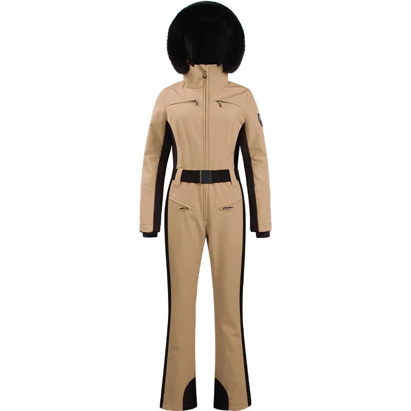 Combinaison de ski une pièce pour femmes, combinaison, ensemble de vêtements, épais, thermique, imperméable, coupe-vent avec ceinture, sport de plein air