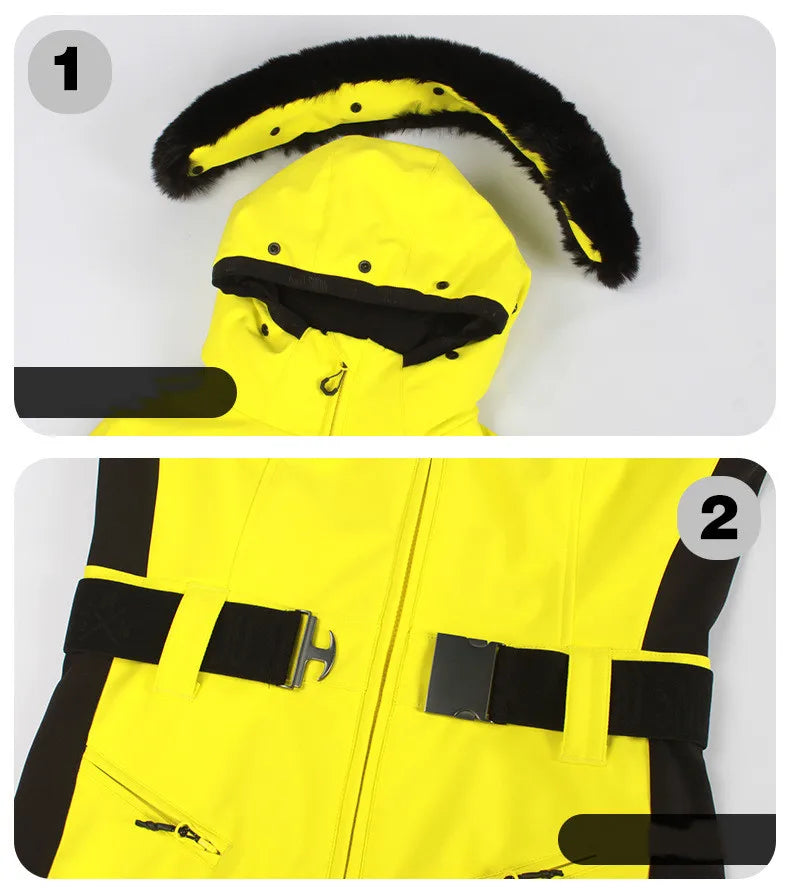 Combinaison de ski une pièce pour femmes, combinaison, ensemble de vêtements, épais, thermique, imperméable, coupe-vent avec ceinture, sport de plein air