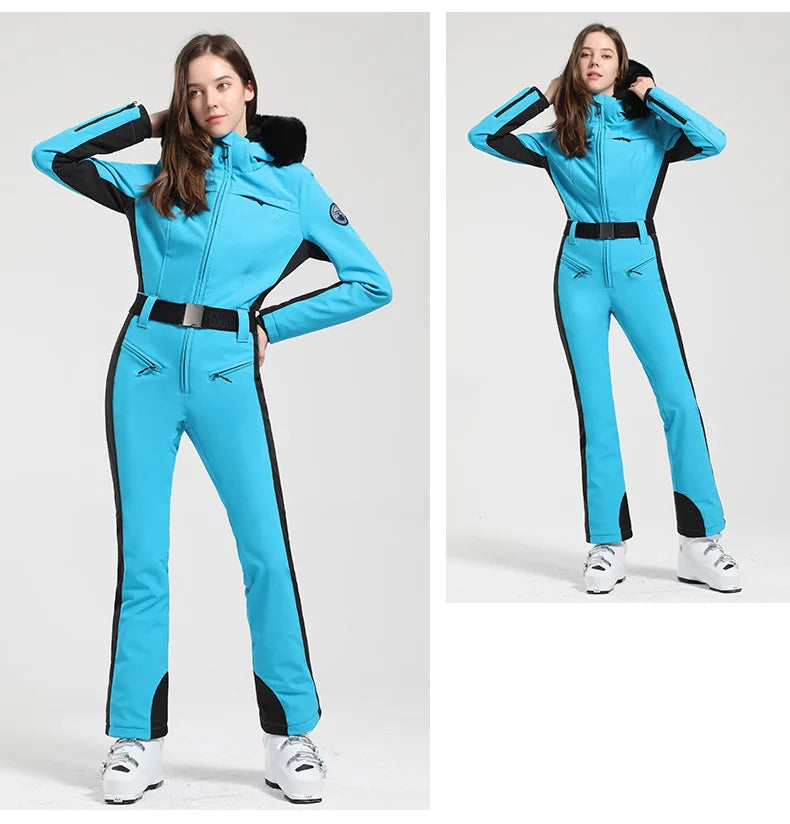Combinaison de ski une pièce pour femmes, combinaison, ensemble de vêtements, épais, thermique, imperméable, coupe-vent avec ceinture, sport de plein air