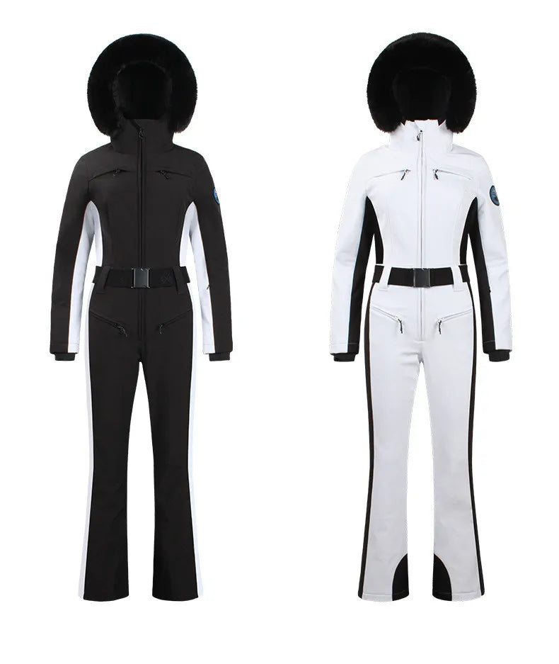 Combinaison de ski une pièce pour femmes, combinaison, ensemble de vêtements, épais, thermique, imperméable, coupe-vent avec ceinture, sport de plein air