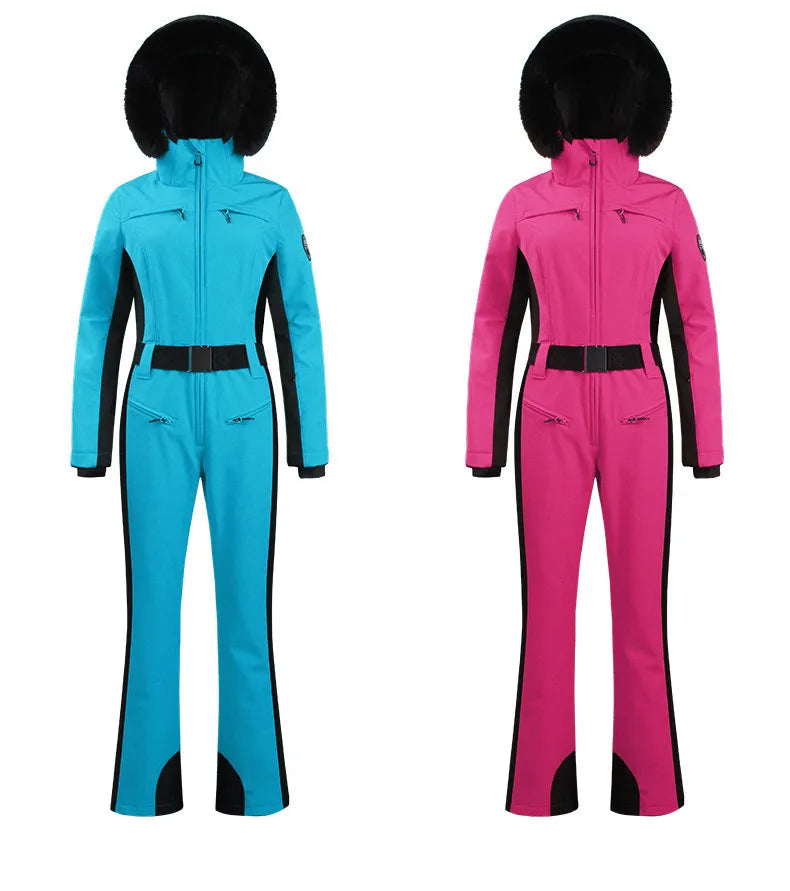 Combinaison de ski une pièce pour femmes, combinaison, ensemble de vêtements, épais, thermique, imperméable, coupe-vent avec ceinture, sport de plein air