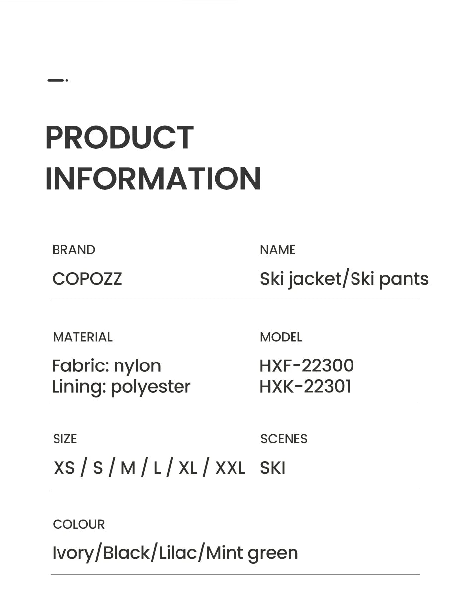 COPOZZ-Veste de ski à capuche épaisse imperméable pour homme, manteau de ski 506, pantalon chaud, coupe-vent, sports d&