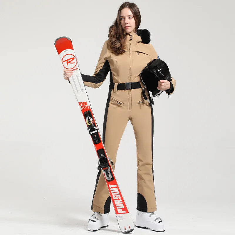 Combinaison de ski une pièce pour femmes, combinaison, ensemble de vêtements, épais, thermique, imperméable, coupe-vent avec ceinture, sport de plein air
