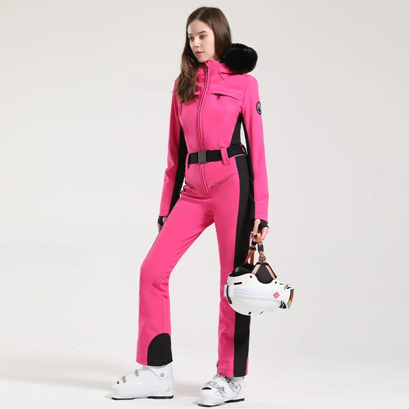 Combinaison de ski une pièce pour femmes, combinaison, ensemble de vêtements, épais, thermique, imperméable, coupe-vent avec ceinture, sport de plein air