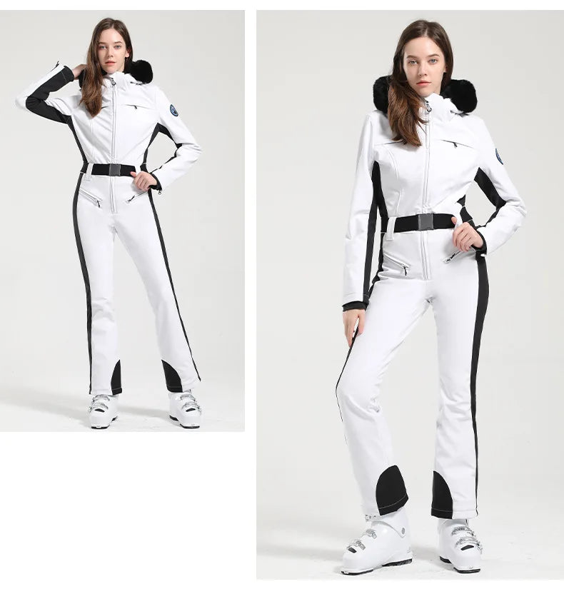 Combinaison de ski une pièce pour femmes, combinaison, ensemble de vêtements, épais, thermique, imperméable, coupe-vent avec ceinture, sport de plein air