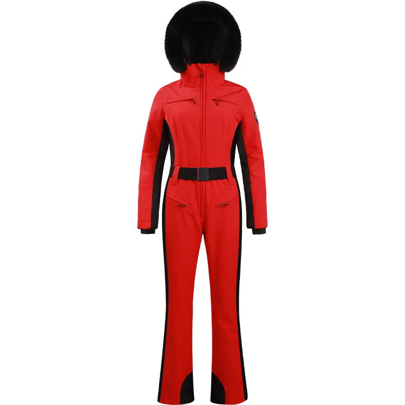 Combinaison de ski une pièce pour femmes, combinaison, ensemble de vêtements, épais, thermique, imperméable, coupe-vent avec ceinture, sport de plein air