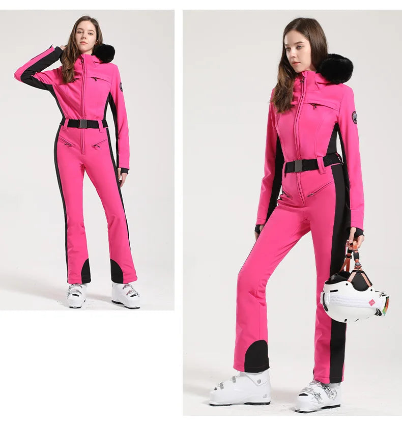 Combinaison de ski une pièce pour femmes, combinaison, ensemble de vêtements, épais, thermique, imperméable, coupe-vent avec ceinture, sport de plein air