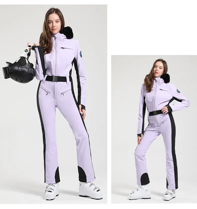 Combinaison de ski une pièce pour femmes, combinaison, ensemble de vêtements, épais, thermique, imperméable, coupe-vent avec ceinture, sport de plein air