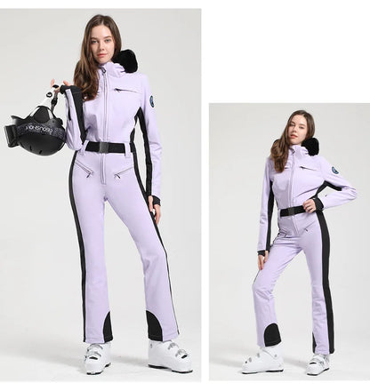 Combinaison de ski une pièce pour femmes, combinaison, ensemble de vêtements, épais, thermique, imperméable, coupe-vent avec ceinture, sport de plein air