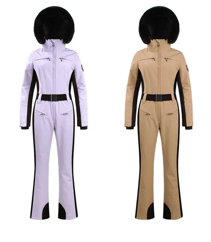 Combinaison de ski une pièce pour femmes, combinaison, ensemble de vêtements, épais, thermique, imperméable, coupe-vent avec ceinture, sport de plein air