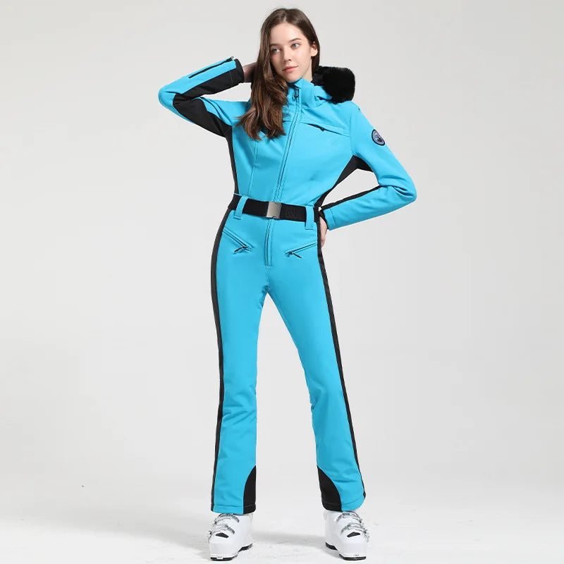 Combinaison de ski une pièce pour femmes, combinaison, ensemble de vêtements, épais, thermique, imperméable, coupe-vent avec ceinture, sport de plein air