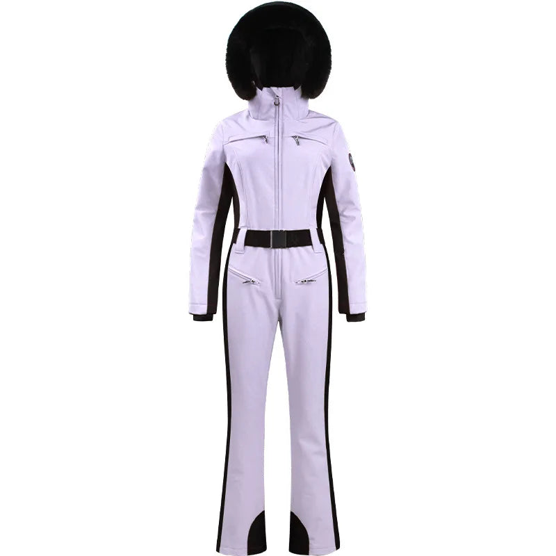 Combinaison de ski une pièce pour femmes, combinaison, ensemble de vêtements, épais, thermique, imperméable, coupe-vent avec ceinture, sport de plein air
