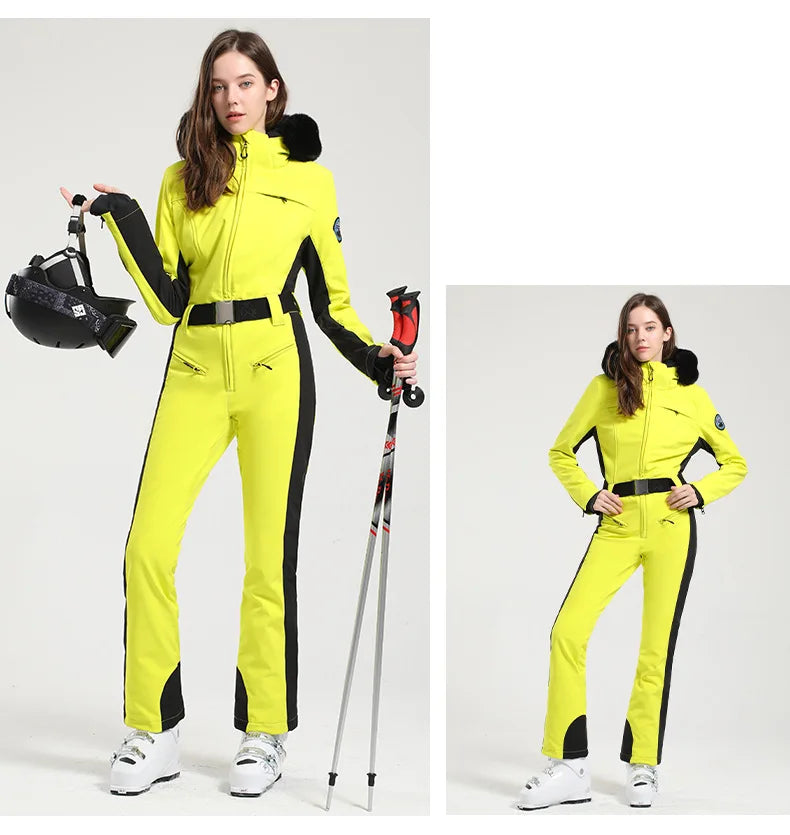 Combinaison de ski une pièce pour femmes, combinaison, ensemble de vêtements, épais, thermique, imperméable, coupe-vent avec ceinture, sport de plein air