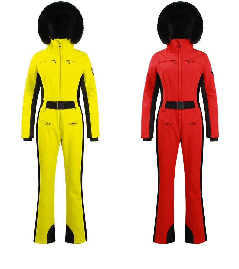 Combinaison de ski une pièce pour femmes, combinaison, ensemble de vêtements, épais, thermique, imperméable, coupe-vent avec ceinture, sport de plein air
