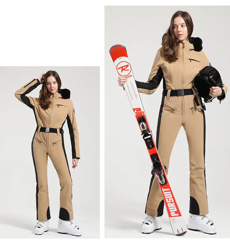 Combinaison de ski une pièce pour femmes, combinaison, ensemble de vêtements, épais, thermique, imperméable, coupe-vent avec ceinture, sport de plein air